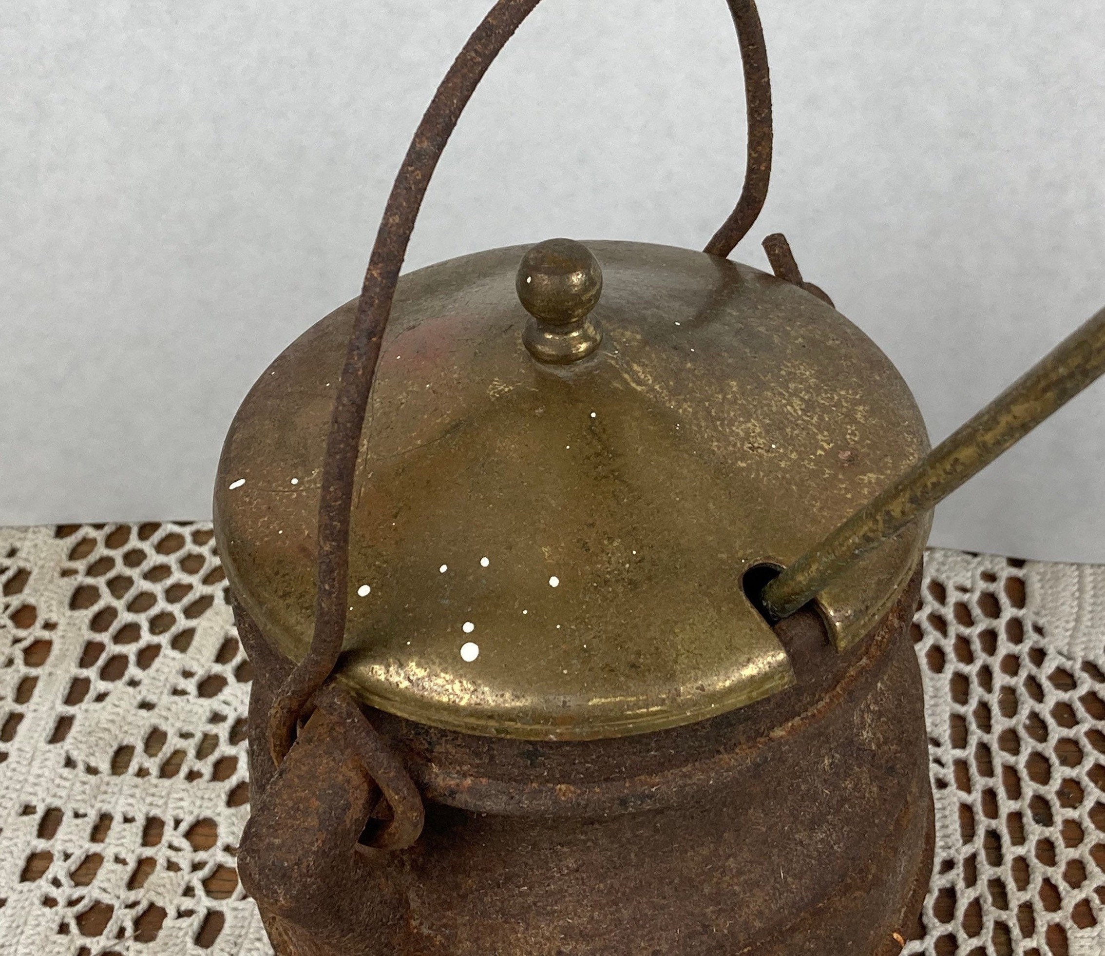 Antique Cast Iron Fire Starter Pot, Smudge Pot, Cauldron, Pumice Wand