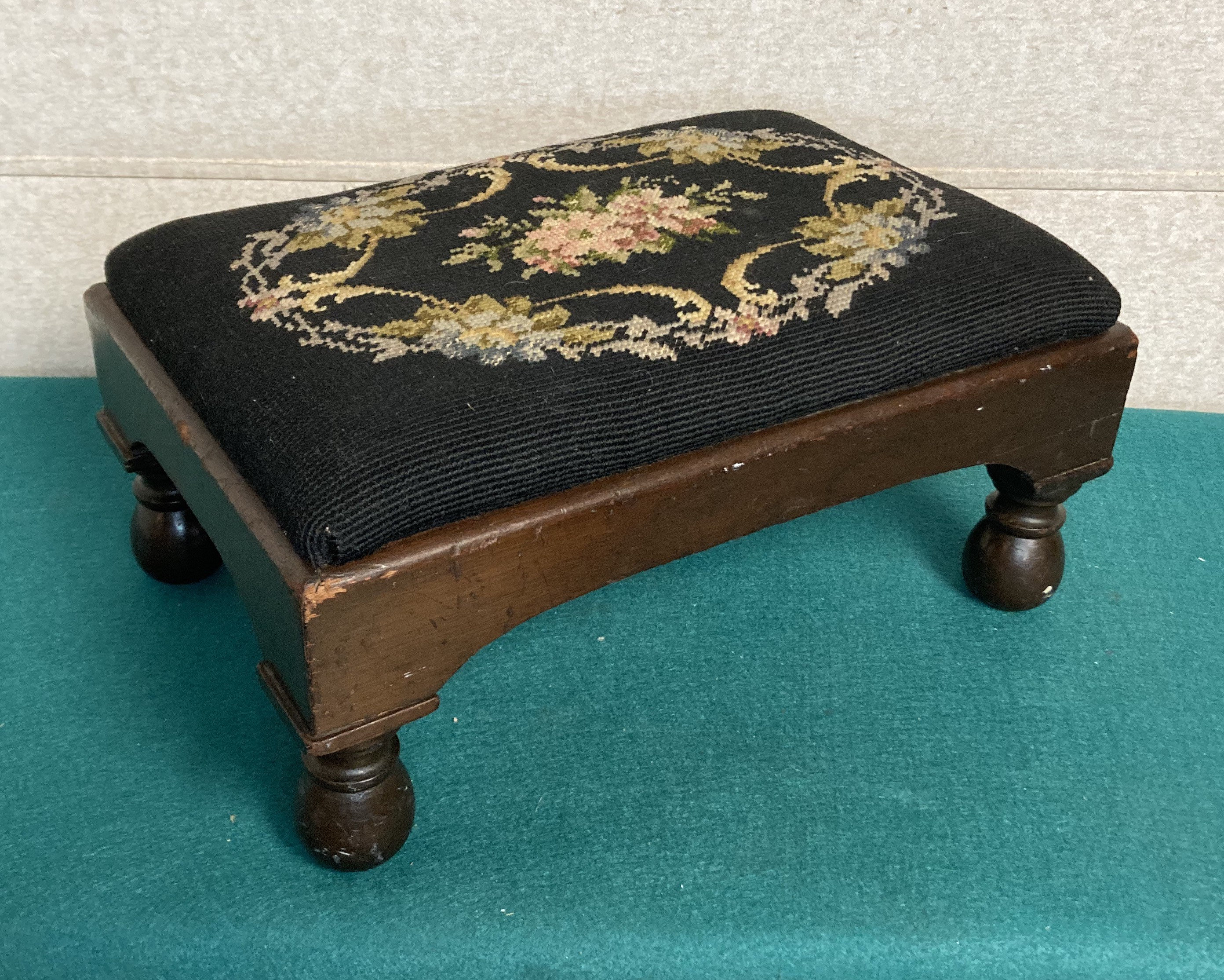 Antique Victorian Needlepoint Footstool, Ottoman, Foot Rest, Floral
