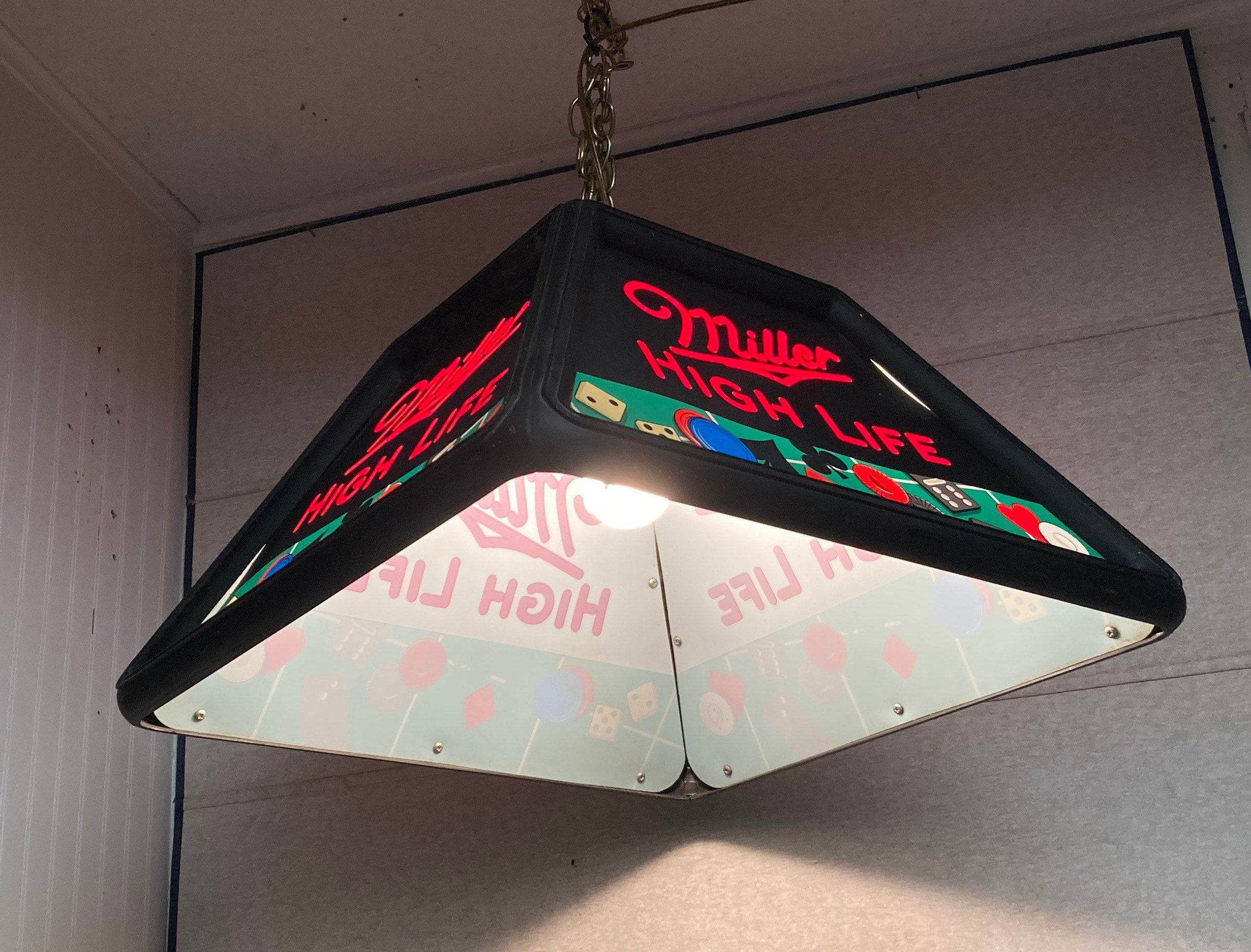 1990 Miller High Life Hanging Poker Table Swag Light, Billiards Light, Miller Brewing Co.
