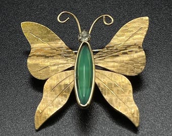Krementz Gold Tone Butterfly Brooch with Green Body and Rhinestone Head, Signed