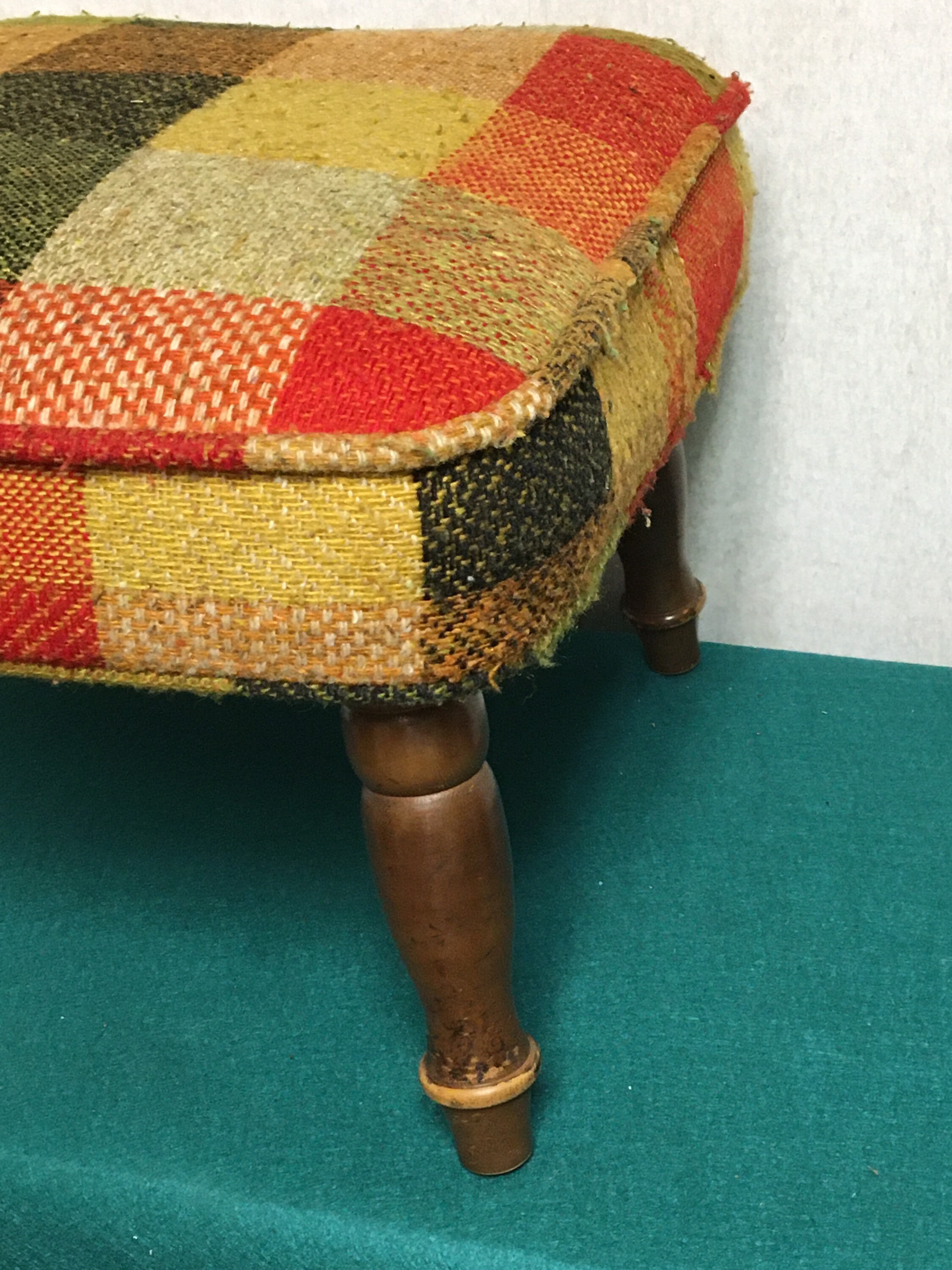 Mid Century Footstool with Upholstered Fabric Top, Plaid Padded Fabric