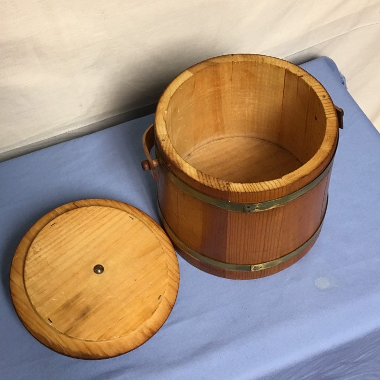Mid Century Wooden Sewing Bucket with Removable Lid, Wood Sewing Basket, Firkin Style Barrel