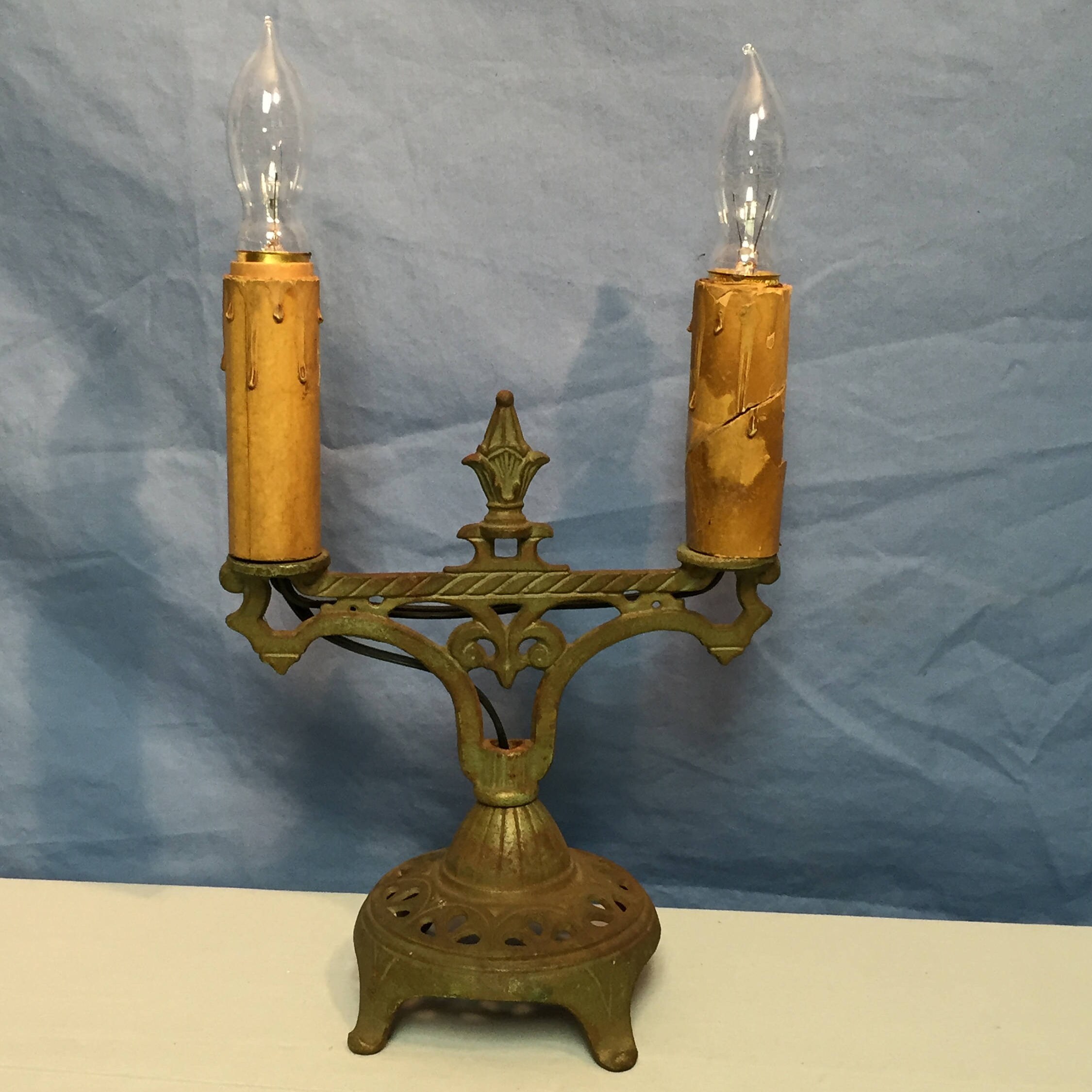 UNIQUE 1930's Art Deco Antique Cast Iron Candelabra Table Lamp Art Nouveau Desk Lamp Good