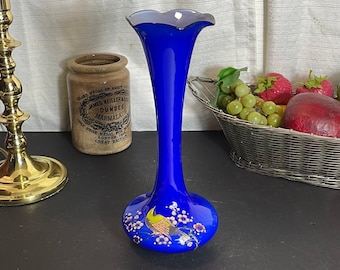 Cobalt Blue Cased Glass Vase, Ruffled Edge, Hand Painted Bird, Giftcraft