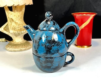 Hobbyist Ceramic Stacking Stacking Teapot and Cup, Blue with White Swirl