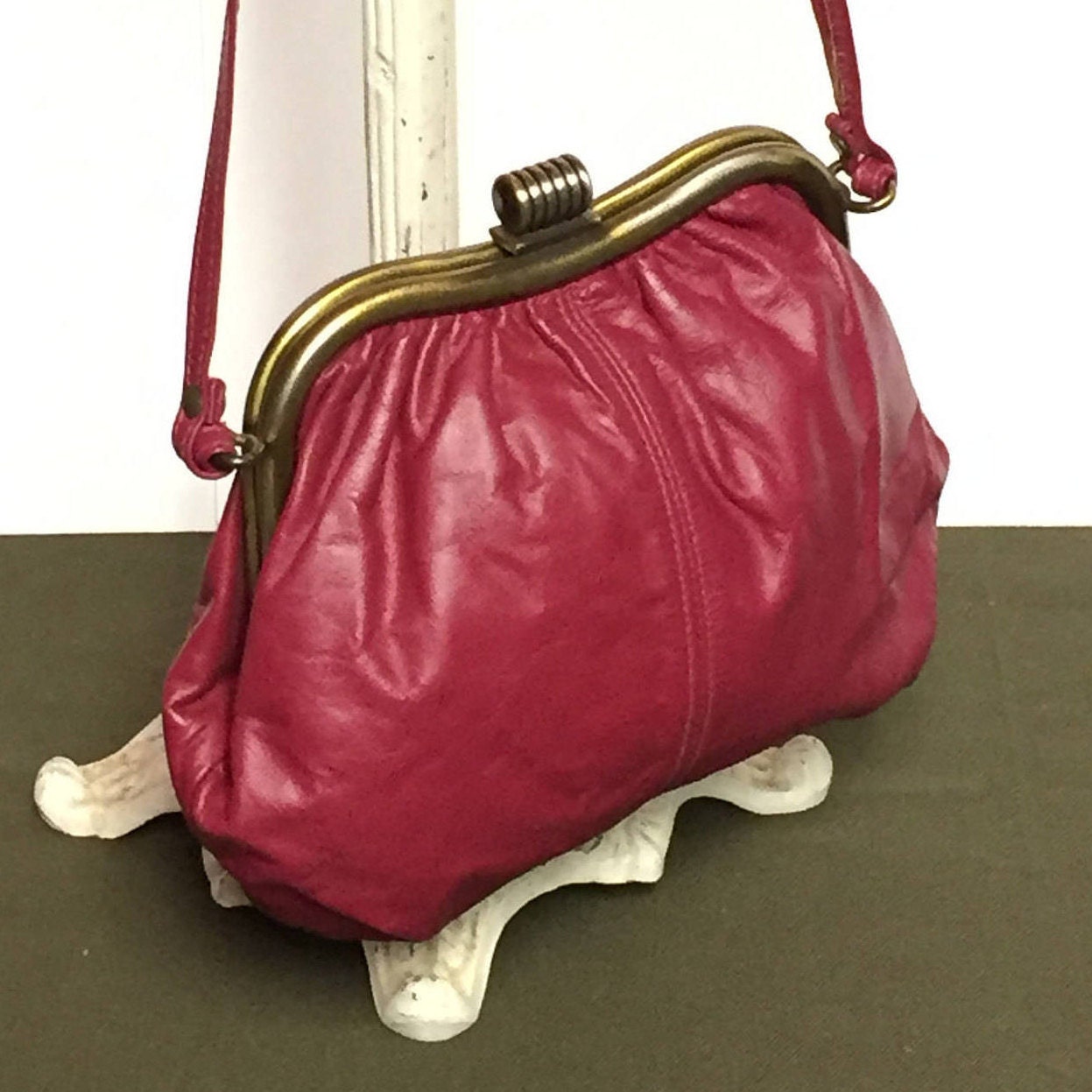 Vintage Red Leather Clutch Purse, Made in Haiti, Adjustable strap Handbag