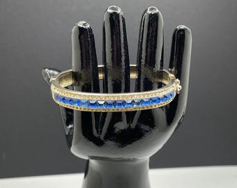 Blue and Clear Rhinestone, Gold Tone, Hinge Snap Clasp, Cuff Bracelet