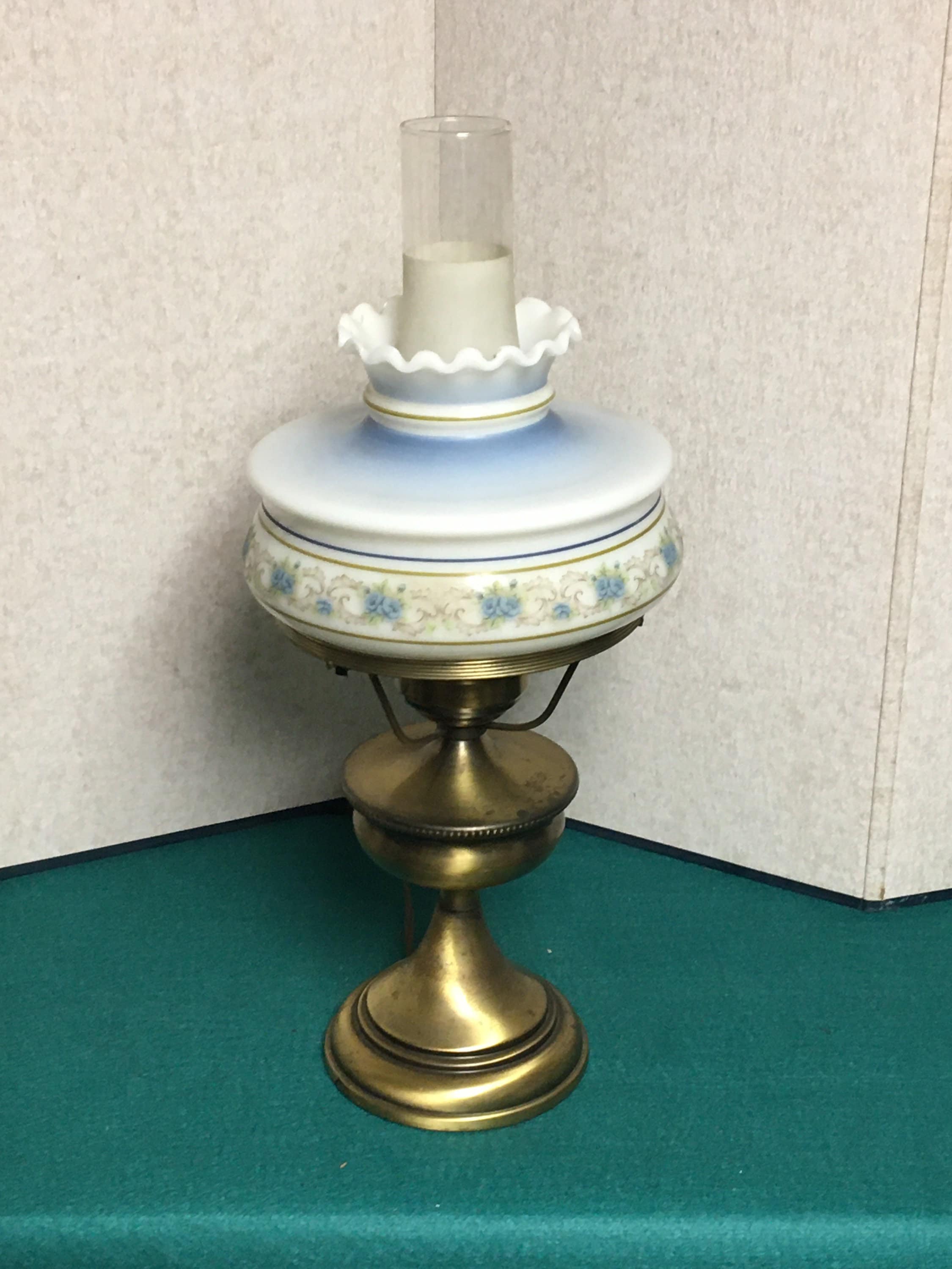 Vintage Brass Tone Oil Style Electric Hurricane Lamp with Blue Floral