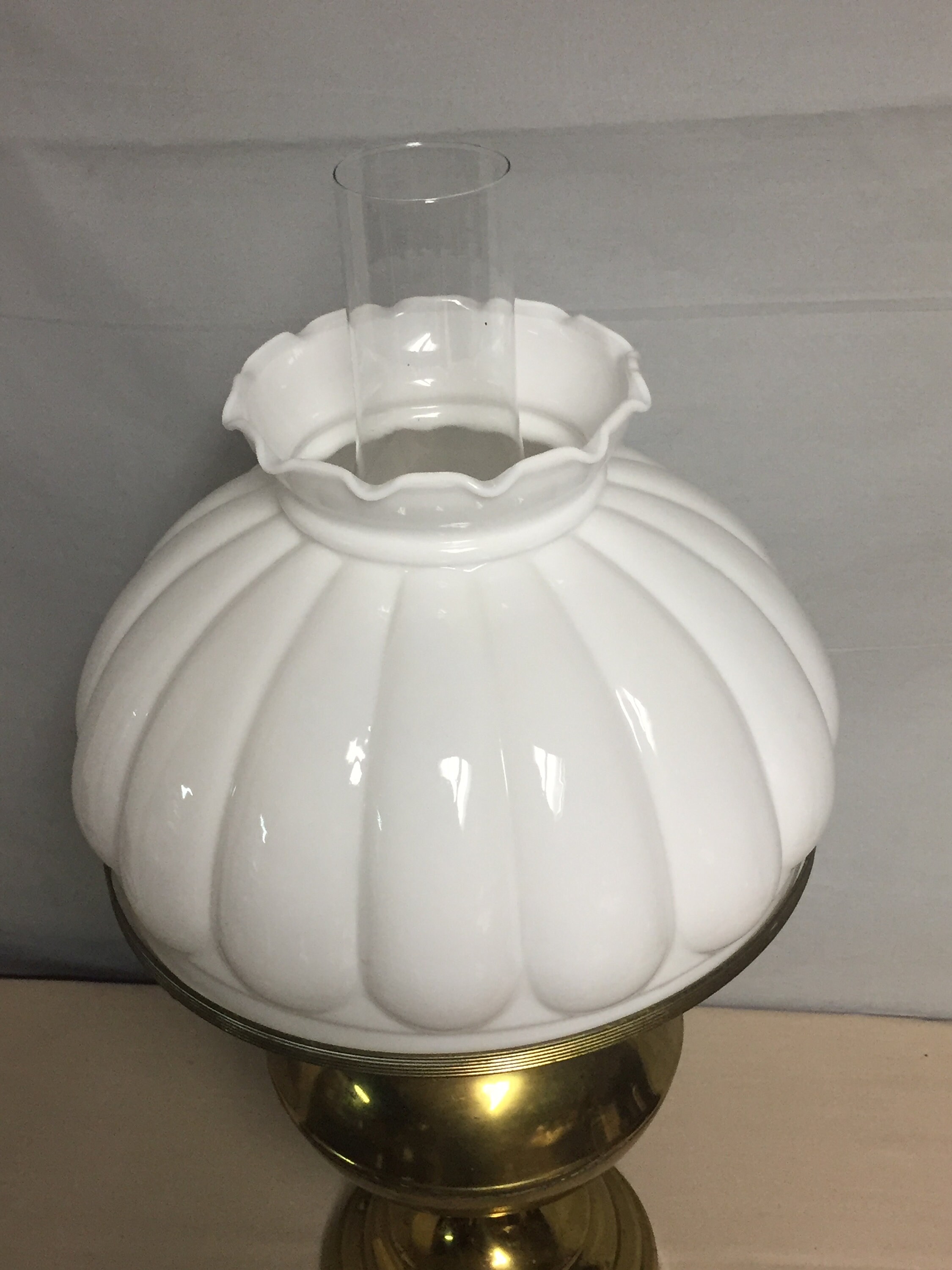 Vintage Brass Tone Oil Style Electric Hurricane Lamp with Fluted Milk