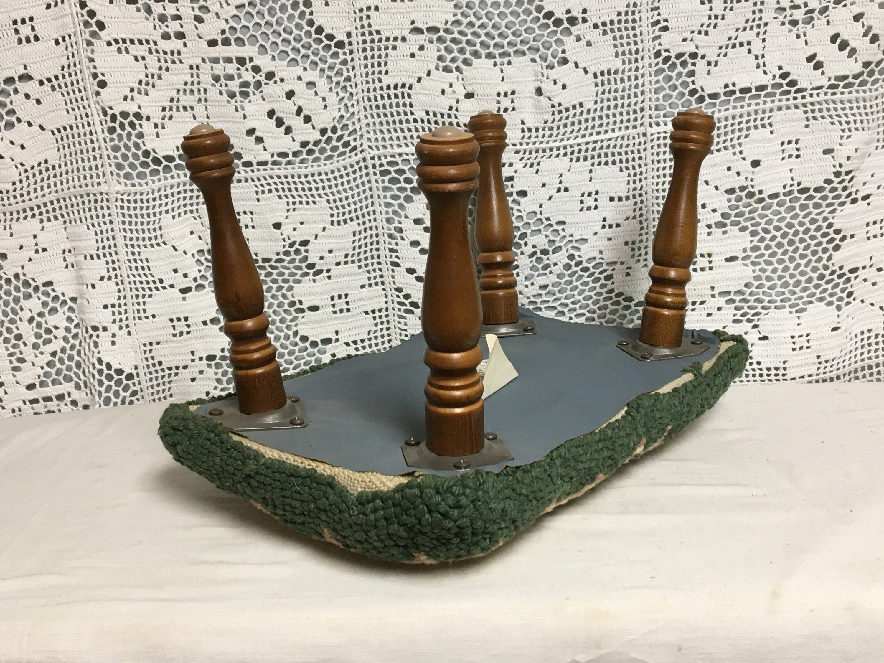 Hooked Rug Floral Footstool, Handmade Mid Century Footstool