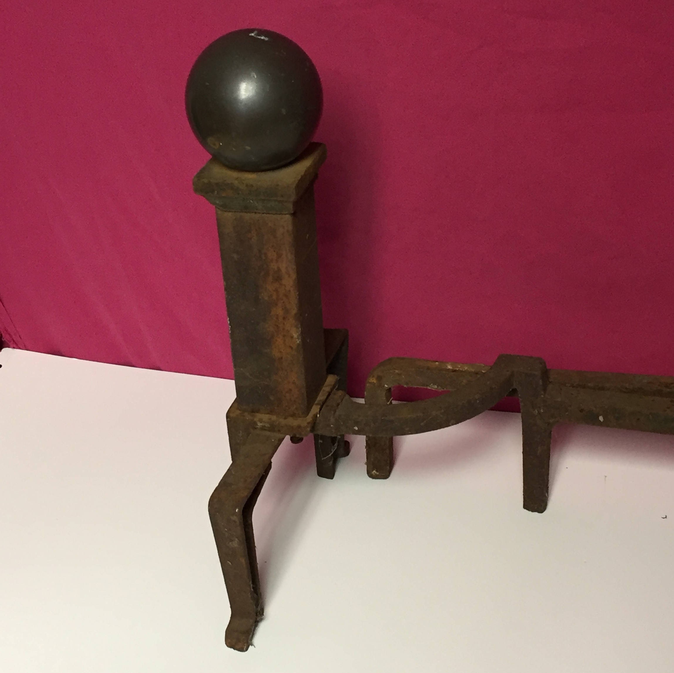 Antique 1922 Peerless BRASS and Iron Andirons Heavy Canon Ball Top Fire