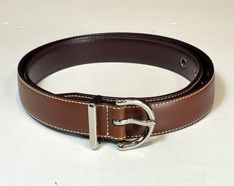 Coach Leather Belt with Top Stitching, Silver Brass Buckle Rimmed Holes