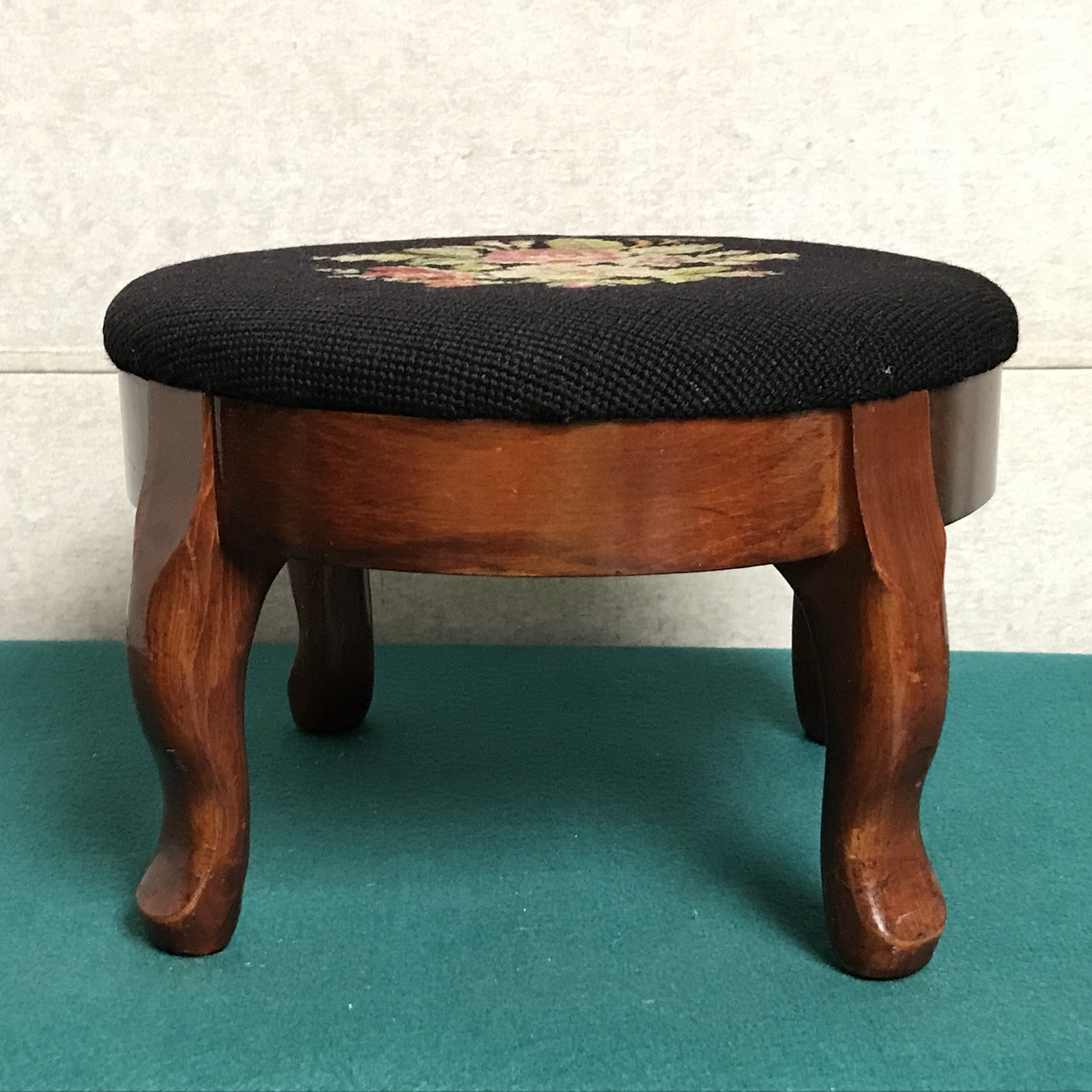 Round Victorian Needlepoint Footstool With Wood Base and Queen Anne