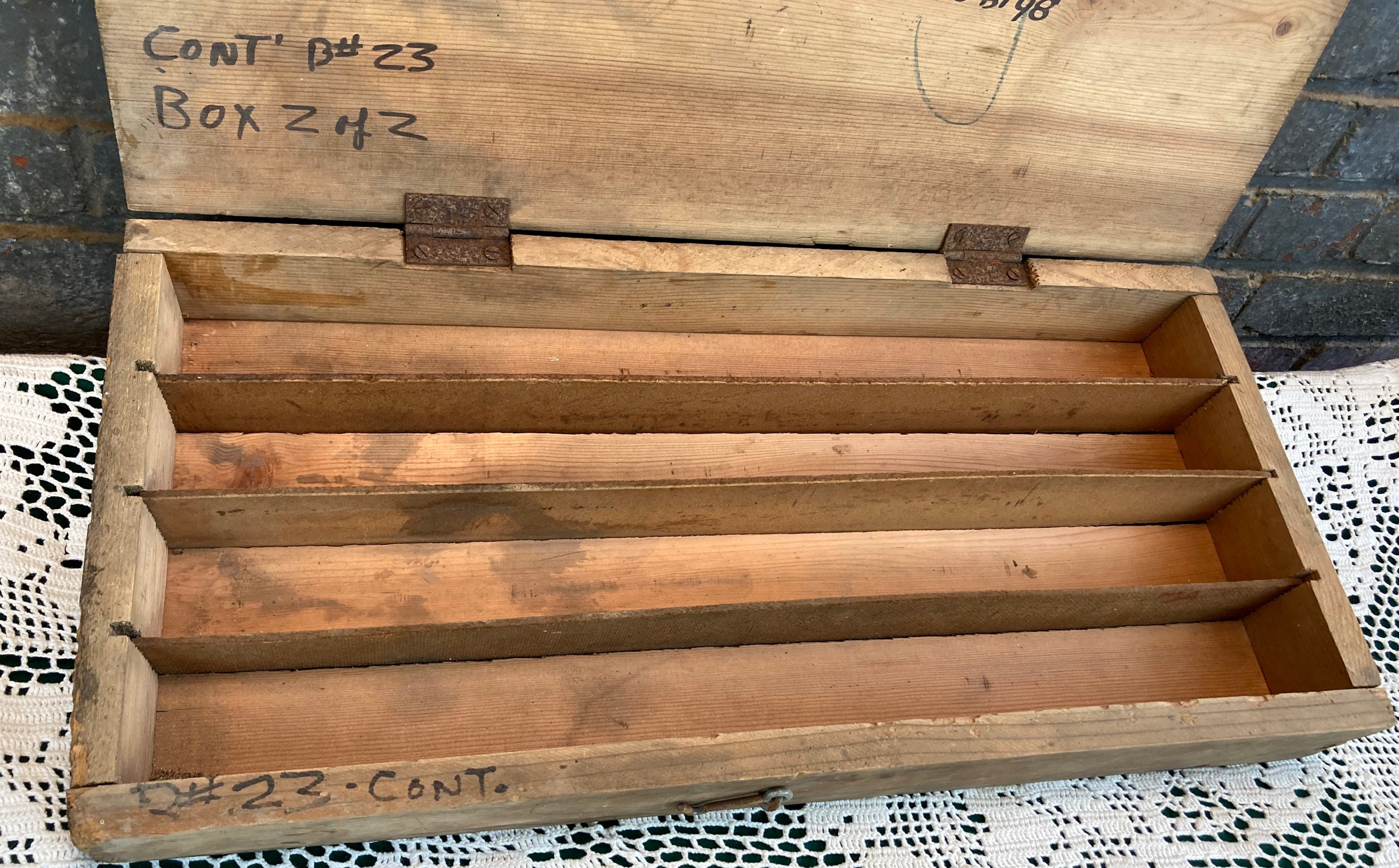 Early 1900's Rustic Wooden Storage Box with Dividers and Hinged Lid