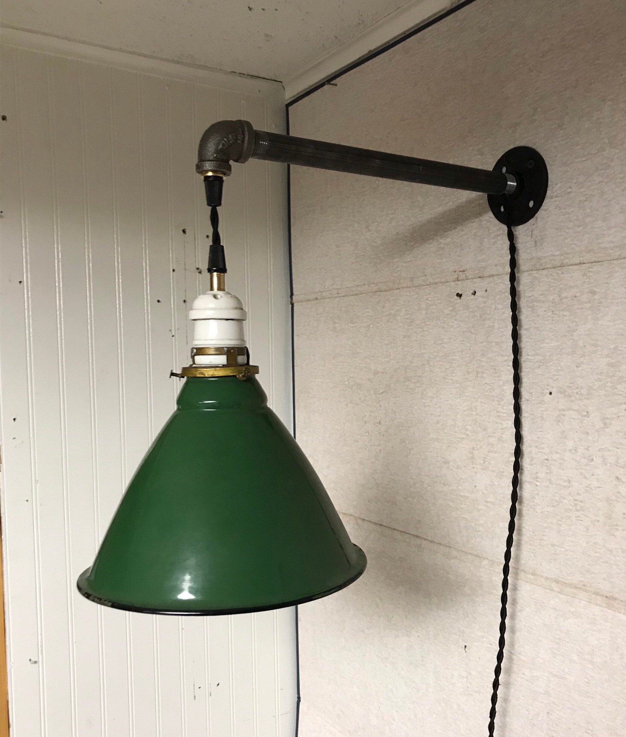 Old Original Green Porcelain Barn Light Cone Shade Fixture, Electric