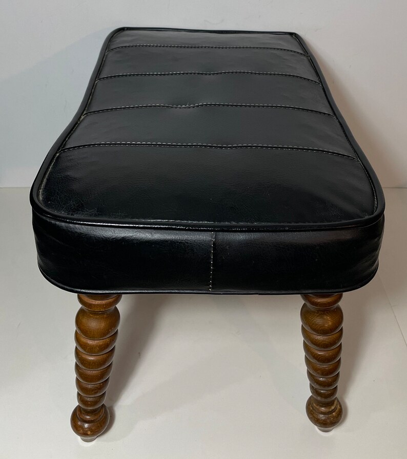 Mid Century Padded Foot Stool, Danish Style Black Vinyl Upholstery, Ottoman, Cushioned Hassock, image 6