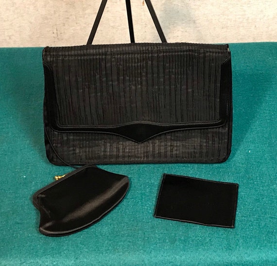 Koret Black Clutch, Pleated Silk Taffeta, Satin C… - image 3