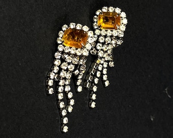 Czech Glass, Yellow Topaz and Rhinestone, Dangling Clip On Earrings