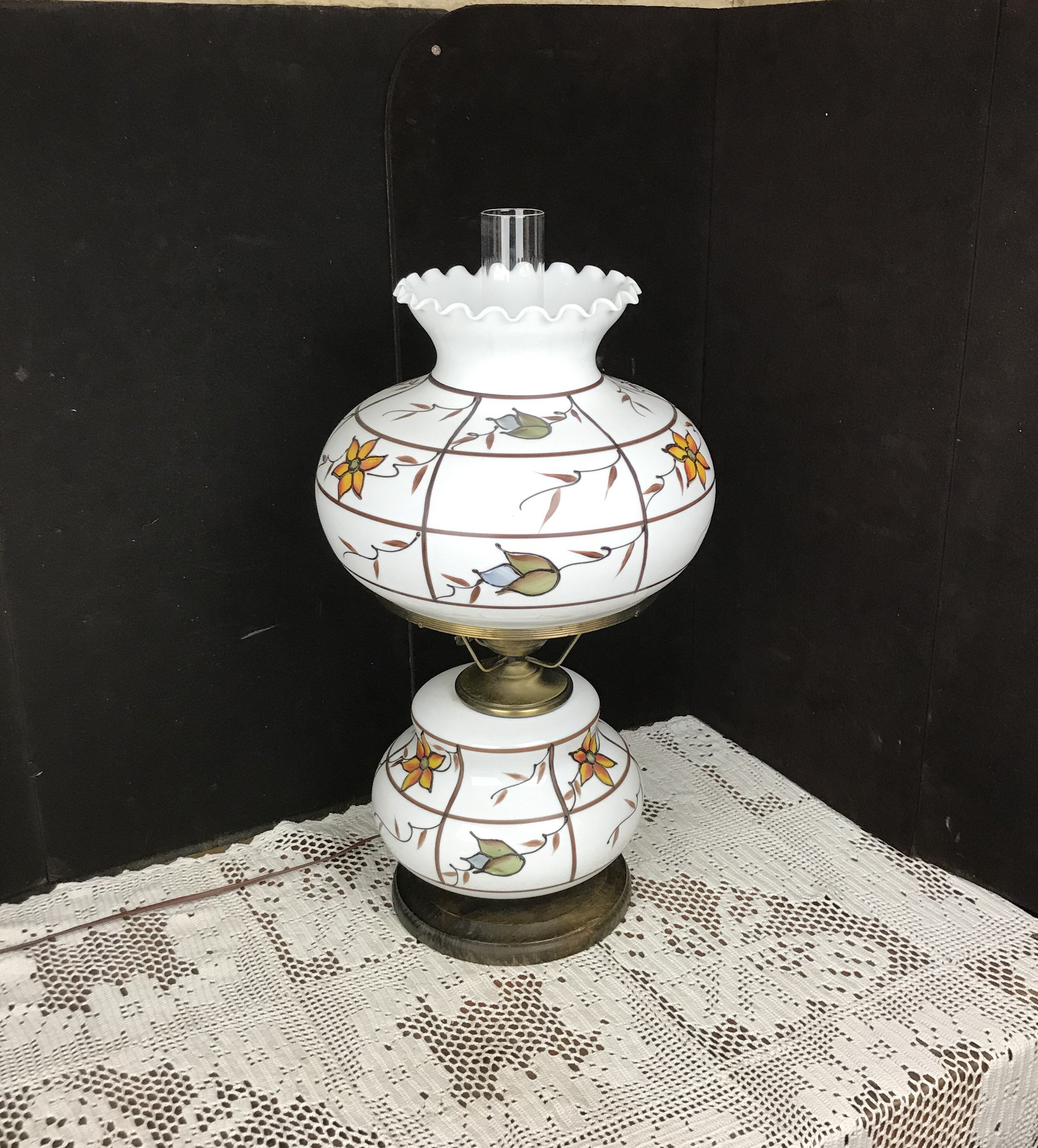 A Large Victorian Hurricane Table Lamp Hand Painted