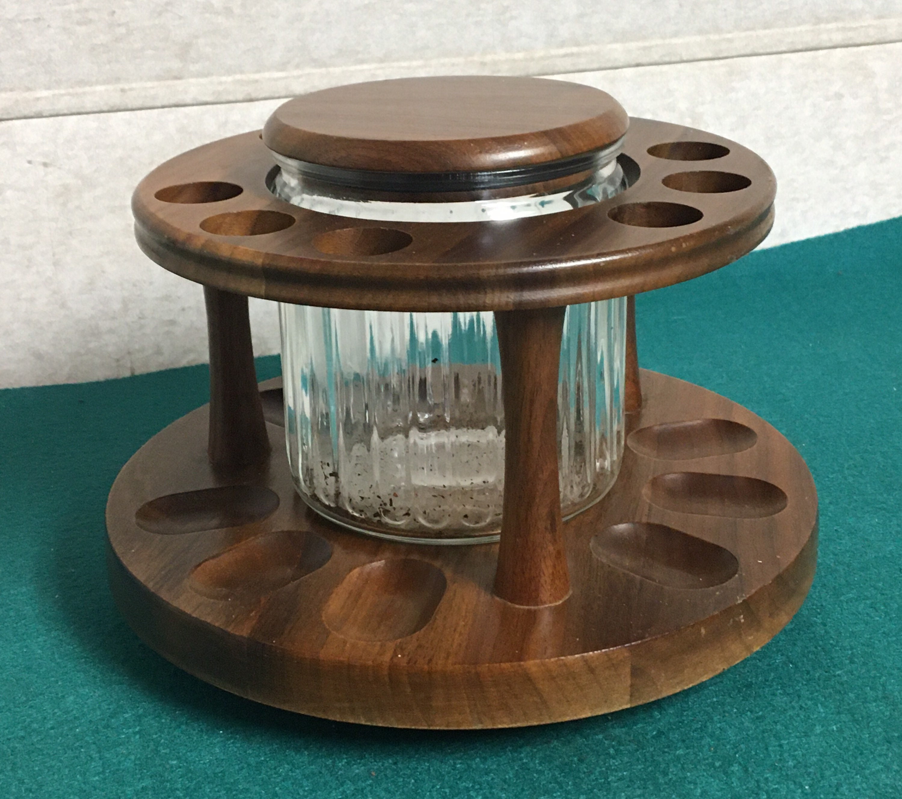 Vintage Aztec Pipe Stand, Solid Wood Revolving Pipe Holder with Glass