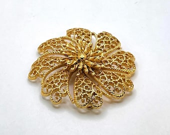 Monet Gold Tone Filigree Floral Brooch