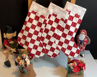 Handmade Red and White Checkered Christmas Stocking, Eyelet Lace Top, Set of Three (3)