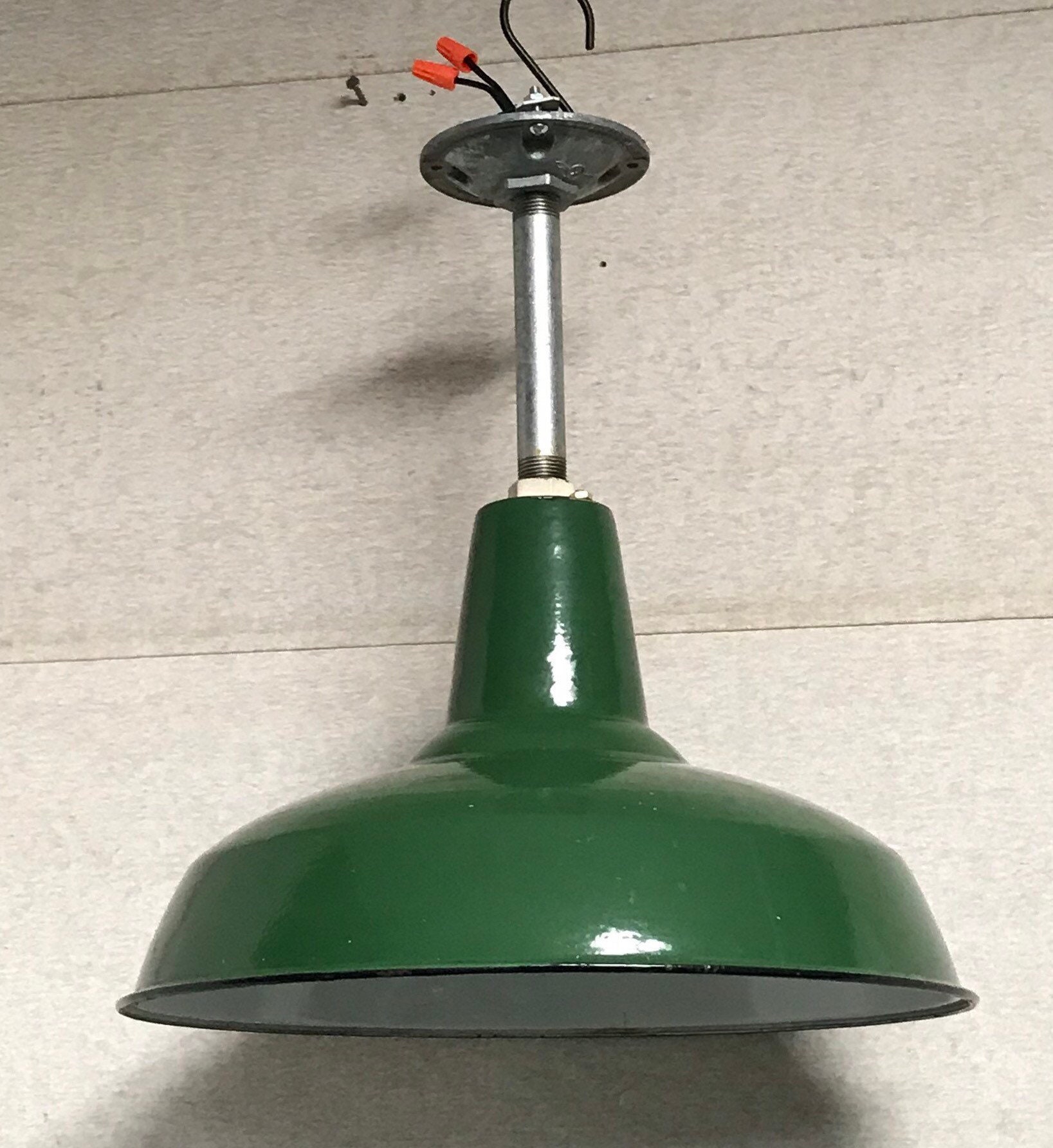Benjamin 14 Green Enamel Hanging Barn Light with Ceiling Canopy and