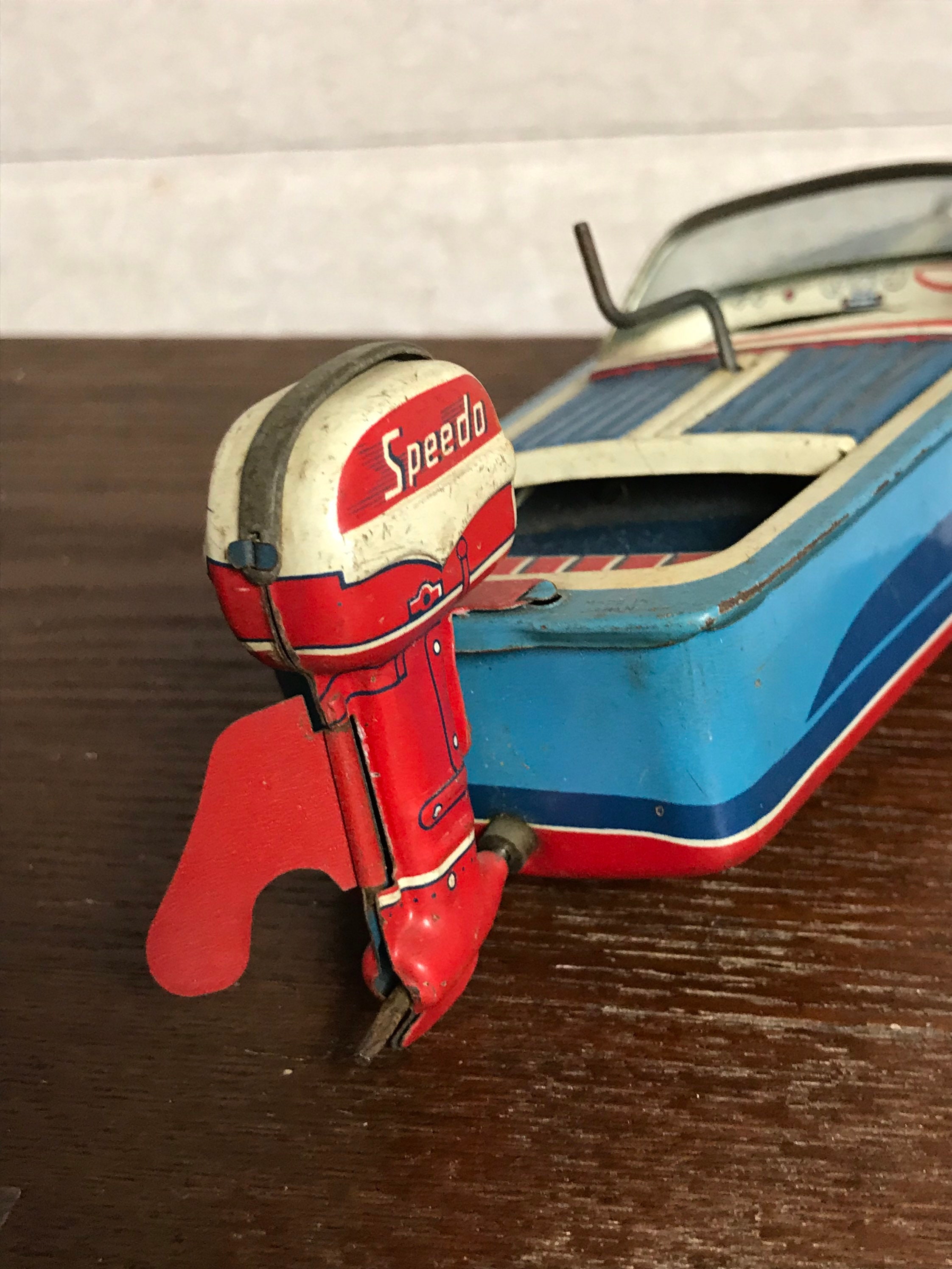 Vintage Haji Wind Up Boat, Speedo Boat, 1950's Wind Up Toy, Tin