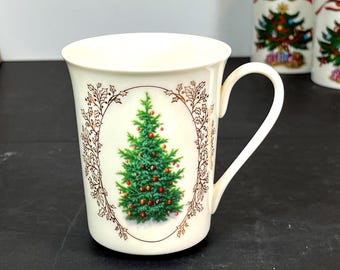 Bone China Christmas Tree Mug with Gold Holly, Single Mug, Made in Thailand