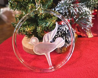 Art Glass Bird Sun Catcher, Window Ornament, Frosted Bird in Clear Glass Ring