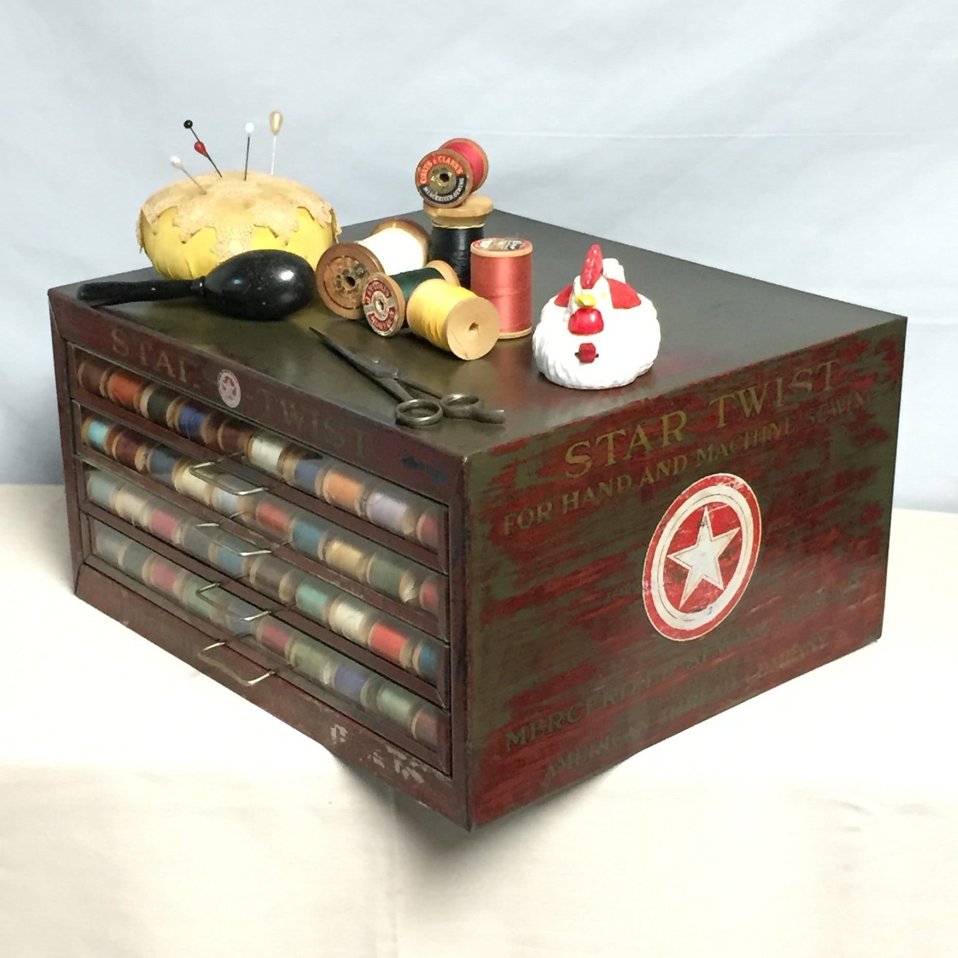 Vintage STAR Twist Mercerized Thread 4 Drawer Steel Sewing Parts