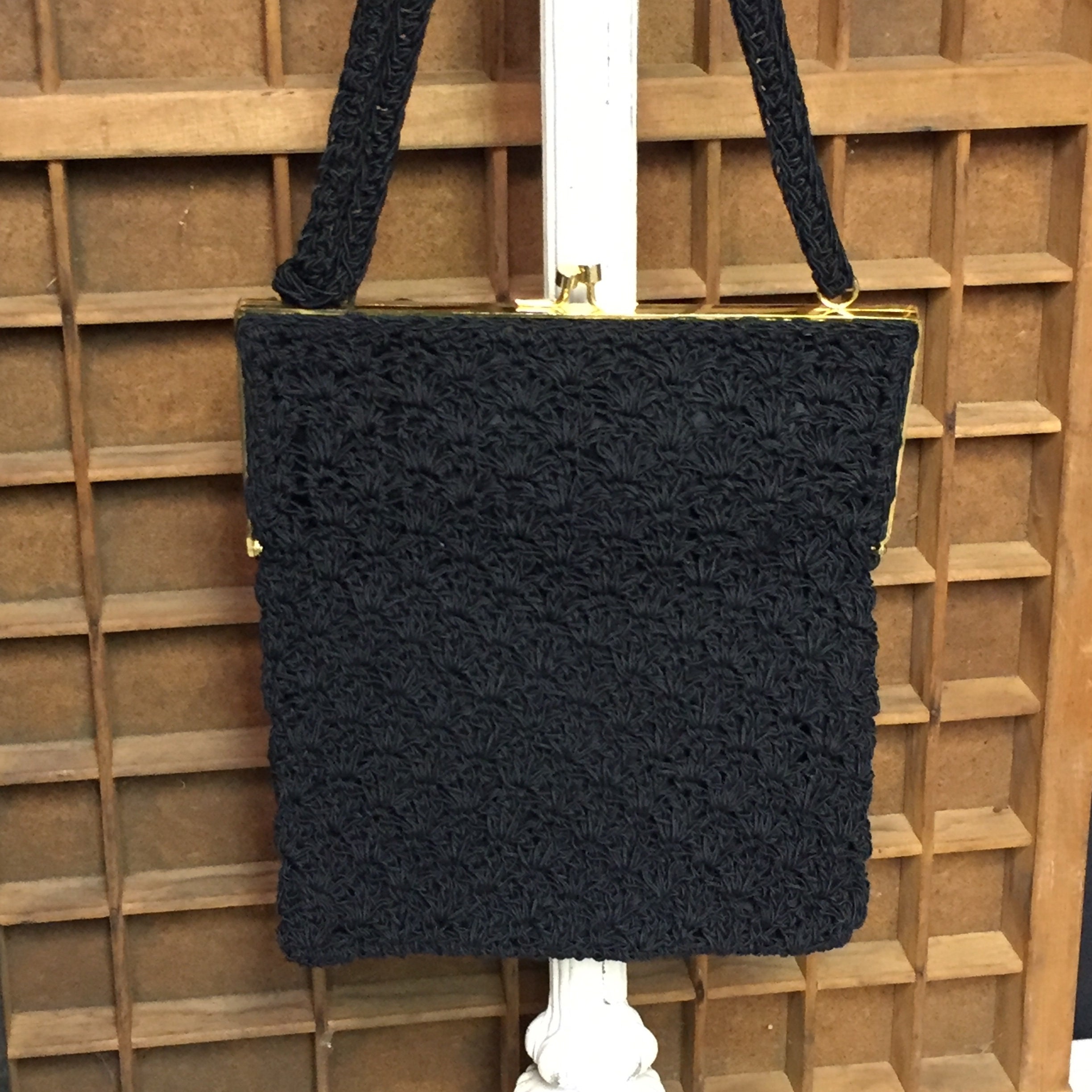 ADG Fashion Imports, Vintage Purse, Black Crochet Handbag, Boho