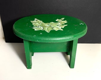 Vintage Handmade Green Wooden Step Stool with Decorative Floral Pattern, Shabby Footstool