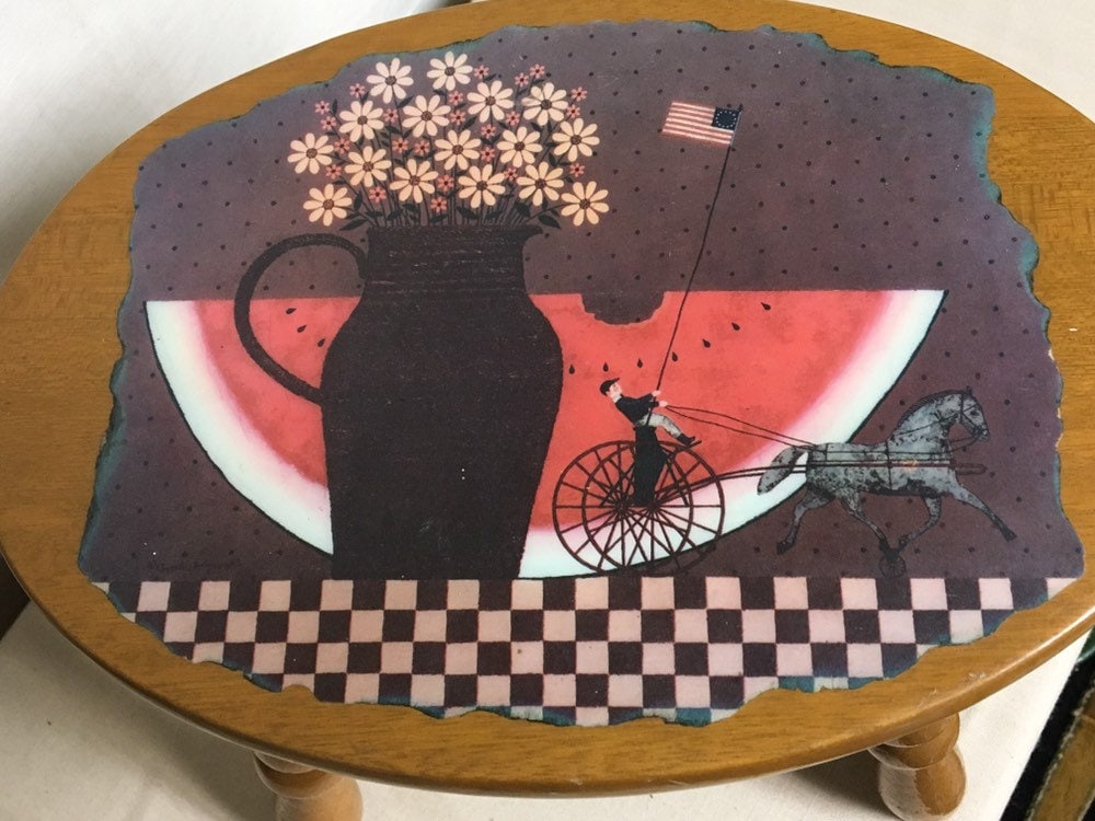 Small Wooden Folk Art Stool Handmade Decoupage Wooden Stool Etsy