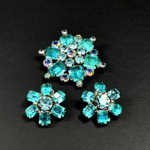 Weiss Aqua Blue and Aurora Borealis Rhinestone Earrings and Brooch Set