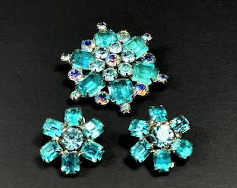 Weiss Aqua Blue and Aurora Borealis Rhinestone Earrings and Brooch Set