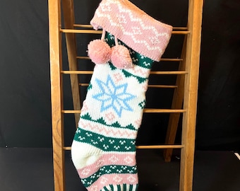 Pink Knit Snowflake Stocking with Pom-Poms