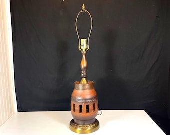 Mid Century Wooden Covered Wagon Wheel Hub Table Lamp with Nightlight