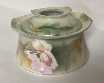 Vintage Porcelain Hair Receiver, RS Germany, Hand Painted China, Dish with Lid