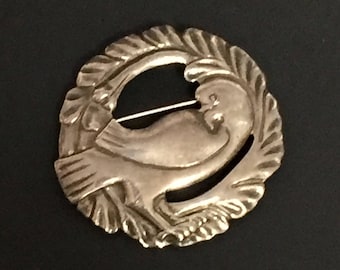 Vintage Dove Pin, Sterling Silver BRKS, Round Brooch,  Dove and Olive Branch