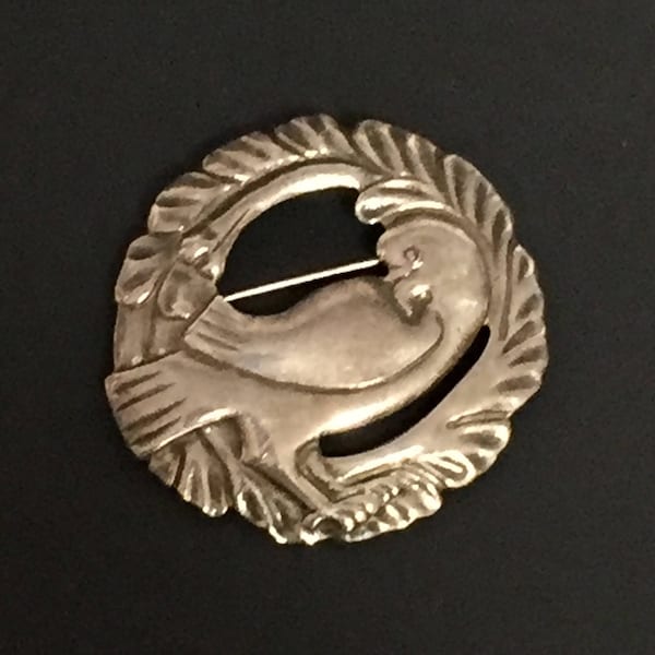 Vintage Dove Pin, Sterling Silver BRKS, Round Brooch,  Dove and Olive Branch