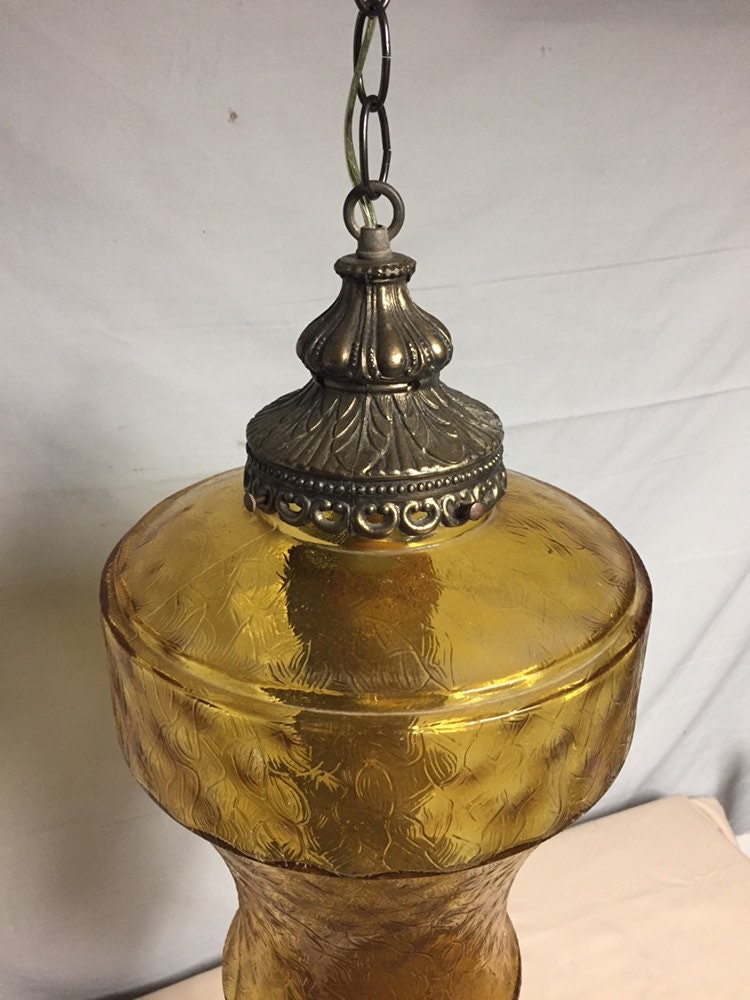1970's Mid Century Amber Glass Hanging Swag Light, Pendant Light Fixture, Unique, Mid Century ...