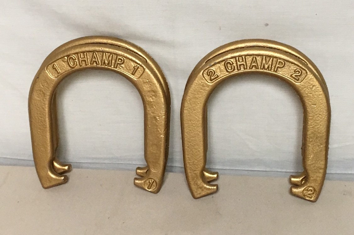 Set of 4 CHAMP Iron Pitching Horseshoes Outdoor Game, Summer Party Yard