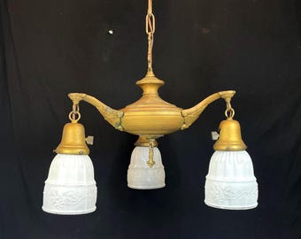 1930's Antique 3 Arm Brass Chandelier Ceiling Light Fixture Pan Light, Art Nouveau