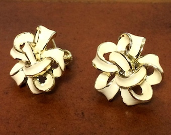 Vintage Coro, Silver Tone, White Enamel, Floral, Clip-on Earrings, 1950's