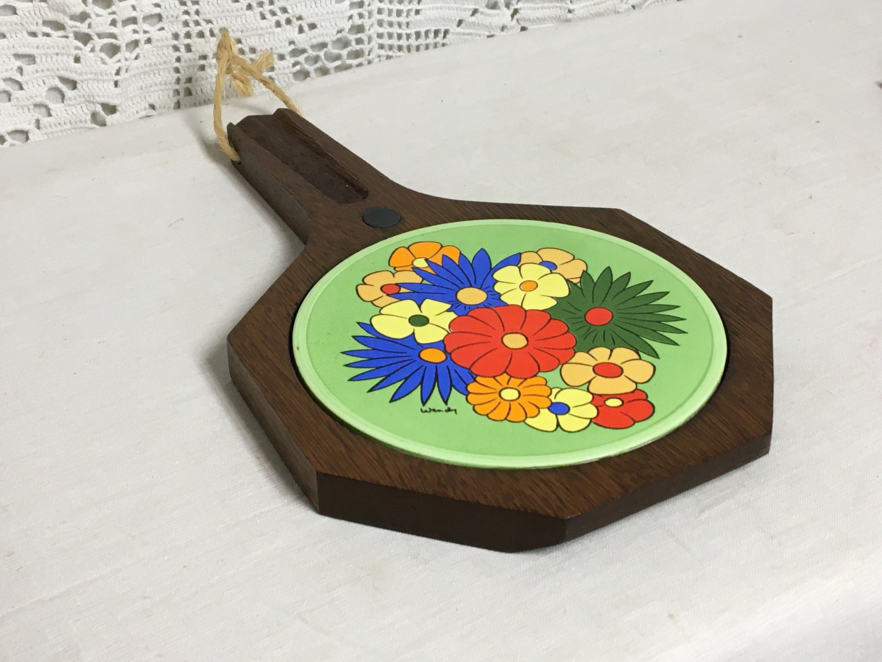 Vintage MCM Organic Shape Solid Wood Cutting Board w/ Leather Tie