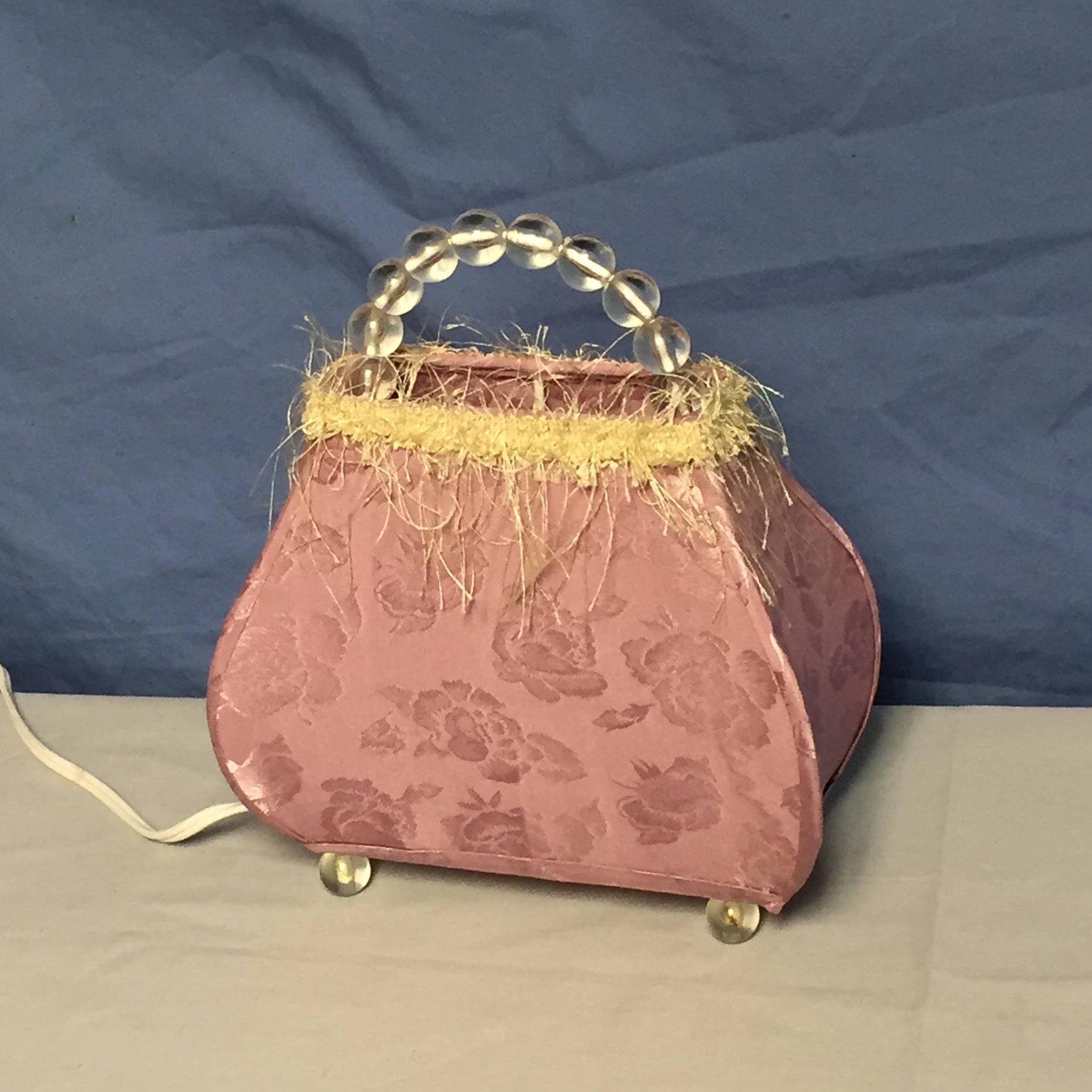 Vintage Fabric Purse Night Light with Beaded Handle, Night stand Lamp