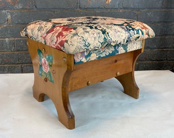 Handmade Country Pine Wooden Footstool with Storage, Padded Fabric Hinged Top, Ottoman