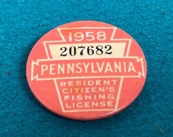 Original 1958 Pennsylvania Resident Citizen's Fishing License Pinback Button