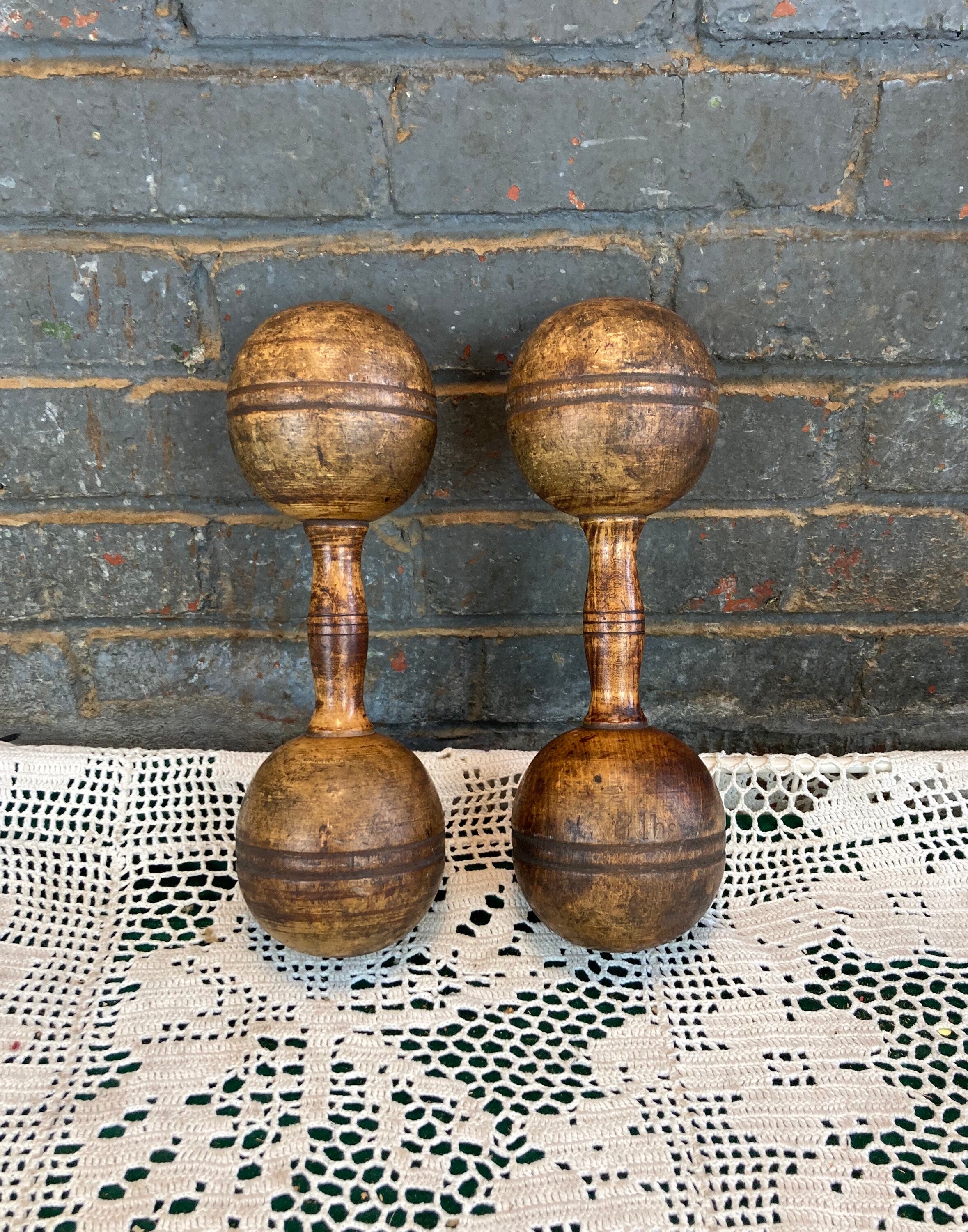 2 Antique Wooden Dumbbells, 2 Lb Weight, 1900&rsquo;s Wood Hand Weights